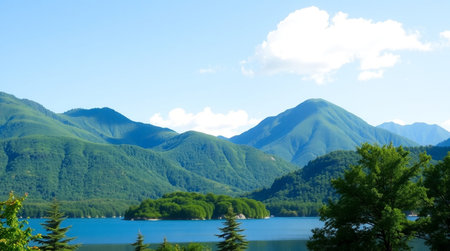 Mountain landscape with lake and blue sky in summer, Nagano, Japanの写真素材