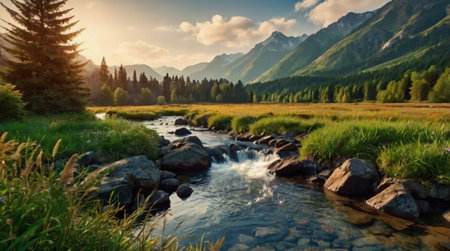 Mountain river with clear water. Beautiful summer landscape. Mountain river.の写真素材