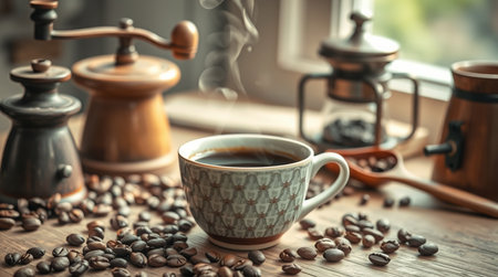 Coffee cup and saucer on a wooden table with coffee beansの写真素材