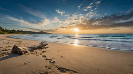 Beautiful sunset on the beach of Baltic sea, Poland. Long exposure.の写真素材