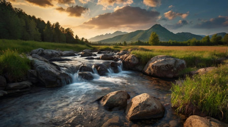 Mountain river at sunset. Beautiful landscape with a mountain river.の写真素材