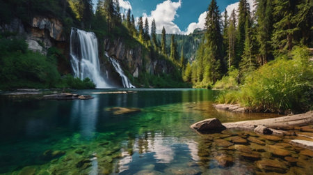 Beautiful waterfall in the mountains. Long exposure. Mountain landscape.の写真素材