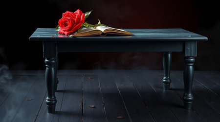 Red rose and book on a black wooden table with a dark backgroundの写真素材