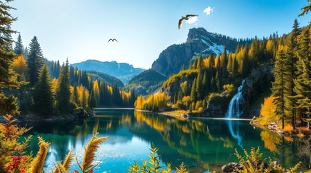 Beautiful autumn alpine lake in Dolomites mountains, Italyの写真素材