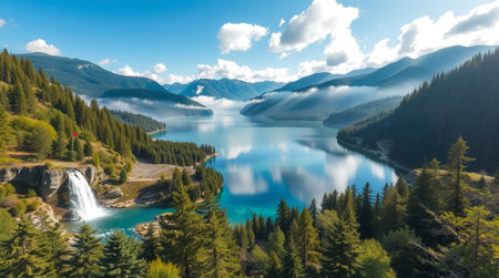 Panoramic view of the turquoise lake in the mountainsの写真素材