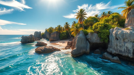Tropical beach with palm trees and granite boulders, Seychellesの写真素材