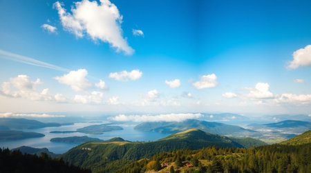 panoramic view of the mountains and the lake in the morningの写真素材