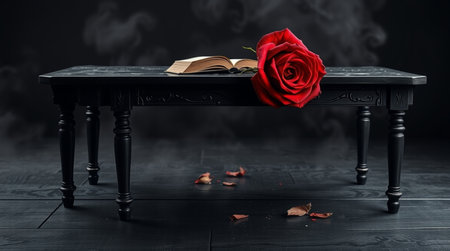 A red rose and a book on a black wooden table with smokeの写真素材