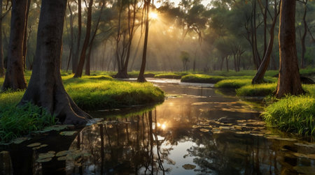 Sunset in the forest with a small river and green grass.の写真素材