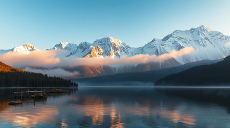 Mountain lake at sunrise. Mountain lake in the morning mist.の写真素材