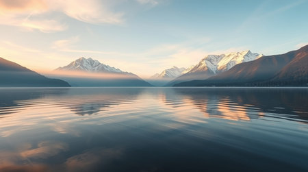 Mountains reflected in the calm water of Lake Tekapo, New Zealandの写真素材