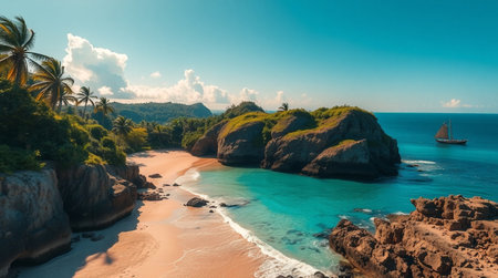Aerial view of beautiful tropical beach with turquoise water, granite rocks and palm trees.の写真素材