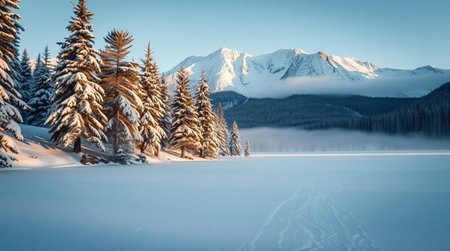 Beautiful winter landscape with snowy fir trees and lake in mountains.の写真素材