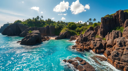 Panoramic aerial view of beautiful tropical beach with turquoise water and granite rocks.の写真素材
