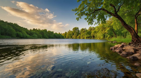 Beautiful summer landscape with a lake and trees in the background.