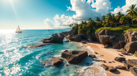 Panorama of beautiful tropical beach with white sand, turquoise water and blue sky with white clouds