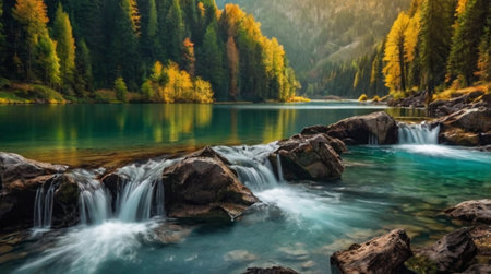 Autumn landscape with mountain river and forest. Picturesque panoramic view of beautiful alpine lake in the mountains.の写真素材