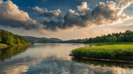 Panorama of a lake with a dramatic sky and clouds at sunsetの写真素材