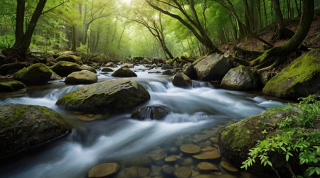 Stream in the green forest. Beautiful nature scene. Beauty in nature.の写真素材