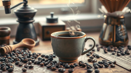 Coffee cup and coffee beans on a wooden table in vintage styleの写真素材