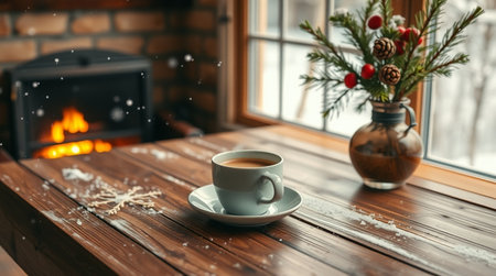 Cup of coffee on a wooden table in front of the fireplaceの写真素材