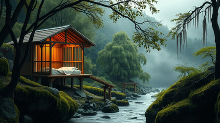 3d render of house in the forest with mountain riverの写真素材