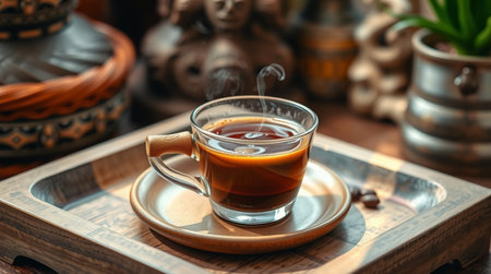 Cup of coffee on a wooden tray in the interior of the roomの写真素材