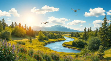 Beautiful summer landscape with a river and mountains on the background.の写真素材