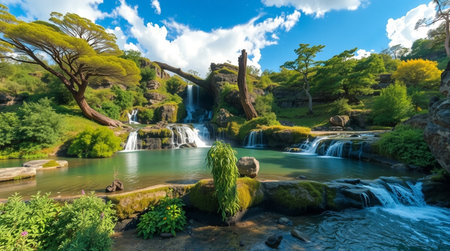 Panorama of a beautiful waterfall in the botanical garden in New Zealandの写真素材