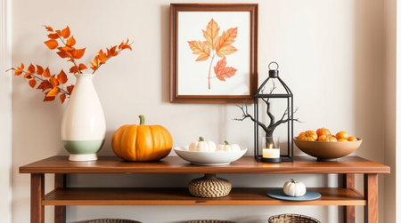 Autumn composition with pumpkins, candles and decor on wooden shelfの写真素材