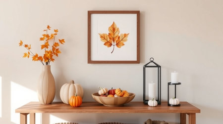 Autumn composition with pumpkins, autumn leaves and candles on a wooden shelf in the roomの写真素材
