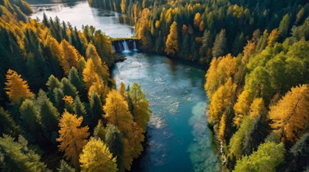 Aerial view of autumn forest and river. Colorful autumn forest and river.の写真素材