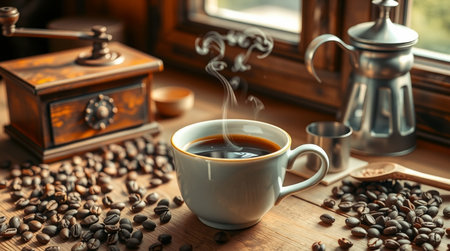 Cup of coffee and coffee beans on wooden table, closeup