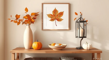 Autumn composition with pumpkins, autumn leaves and lantern on the shelf. 3d illustration