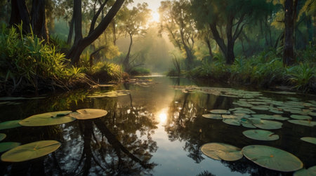 Landscape of foggy morning in the swamp with water lily padsの写真素材