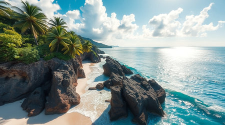Aerial view of beautiful tropical beach with coconut palm trees at Seychellesの写真素材