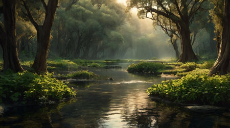 Beautiful morning landscape with river and old trees in the forest.の写真素材