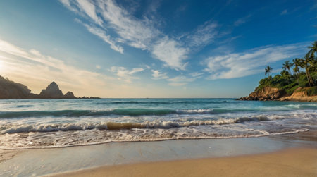 Panoramic view of beautiful beach and tropical sea on a sunny dayの写真素材
