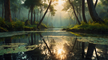 Sunrise over the misty river in the forest, Thailand.の写真素材