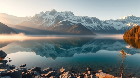 Mountain lake with reflection of snow-capped peaks and cloudsの写真素材