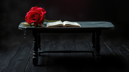 Red rose and a book on a wooden table. Dark background.の写真素材