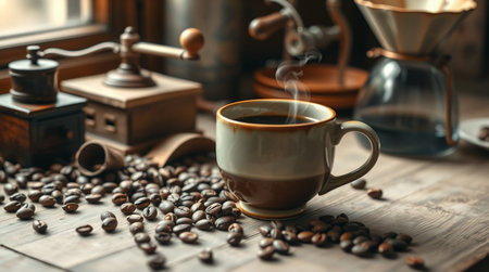 Cup of coffee and grinder on wooden table, closeupの写真素材