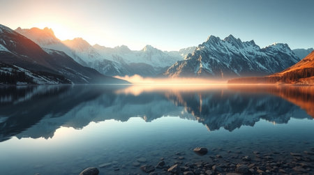 Mountain lake at sunset. Panoramic view of the mountains.の写真素材