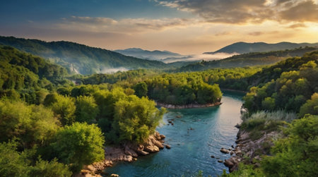 Panoramic view of the river in the mountains at sunset.の写真素材