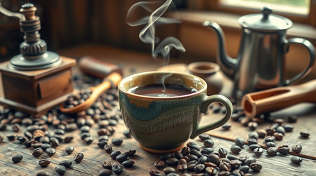 Coffee in a cup and coffee beans on a wooden tableの写真素材