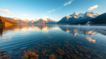 Beautiful mountain lake with reflection of snow-capped peaks in the water.の写真素材