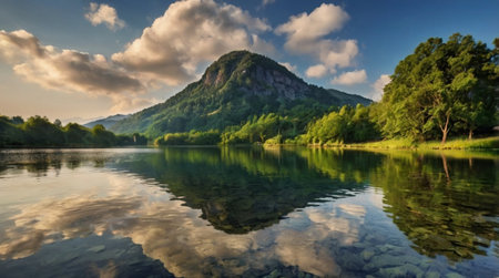 Landscape view of a mountain lake with reflection in the water.の写真素材