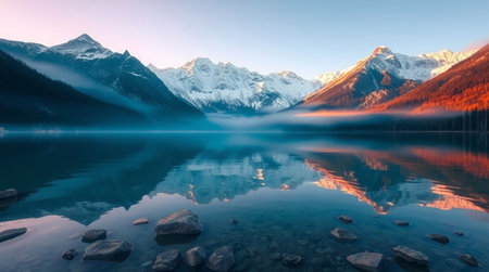 Mountain lake with reflection of snow-capped mountains and clouds at sunsetの写真素材