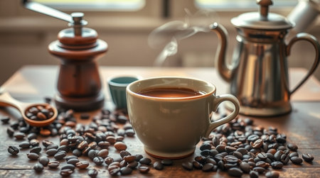 Coffee cup and coffee beans on a wooden table in a cafeの写真素材