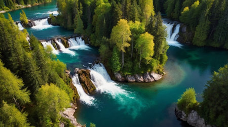 Panoramic view of the waterfall of Plitvice Lakes in Croatiaの写真素材